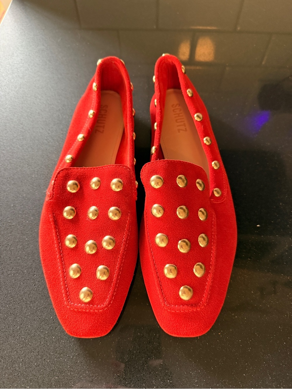 SCHUTZ orange Suede Loafers with Gold Studs